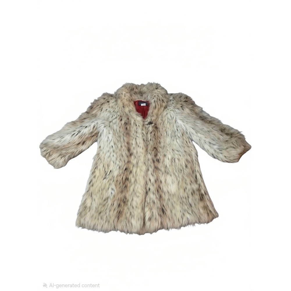 Outerlayers Faux Fur Coat Tan Cream Red Lining Made in USA Mid Length Jacket